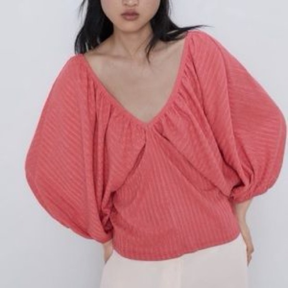 Zara - Pink Textured Deep V Neck Front And Back Balloon Sleeves Blouse Size Sm